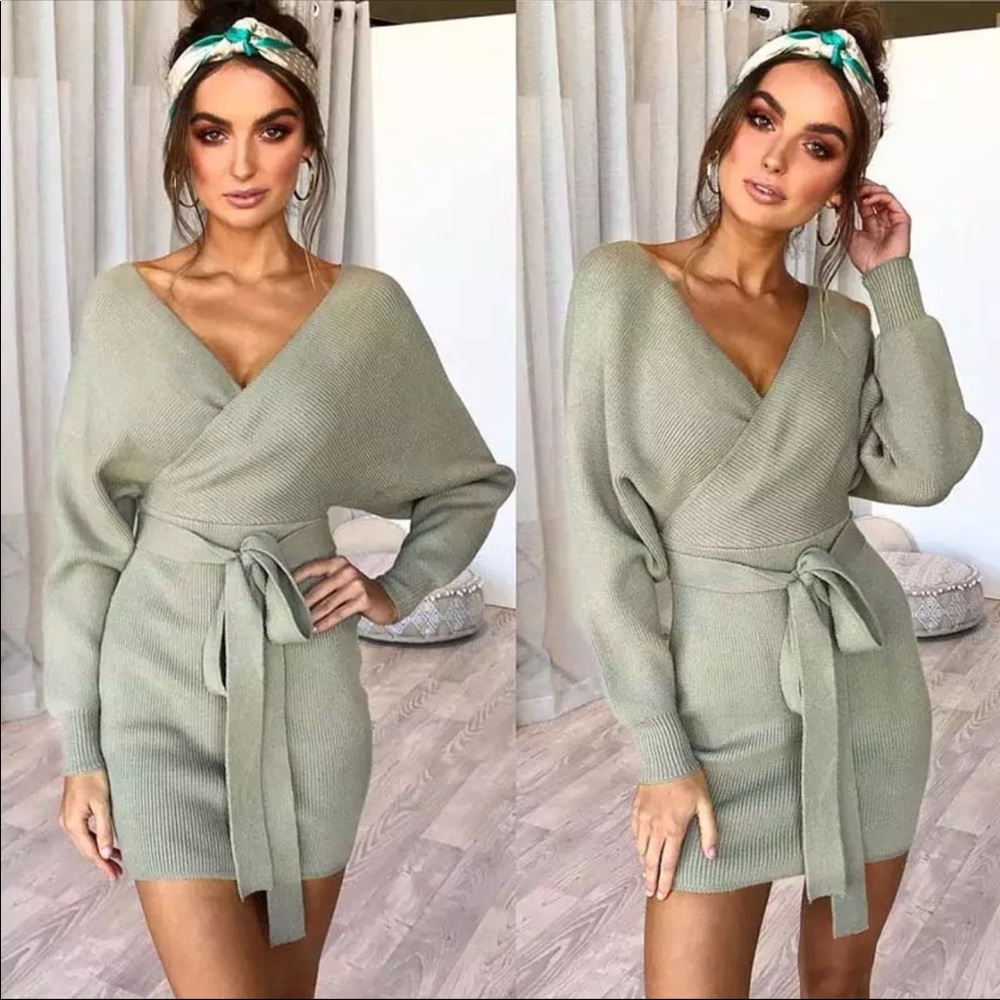 V Neck Wrap Sweater Dress - Picture 5 of 6